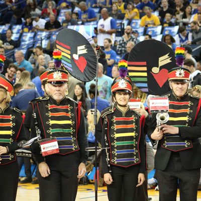 SF Lesbian/Gay Freedom Pep Band play national anthem at Golden State Warriors LGBTQ Night