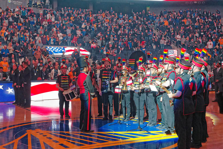 The pep band plays the national anthem at the Golden State Warriors LGBTQ Night